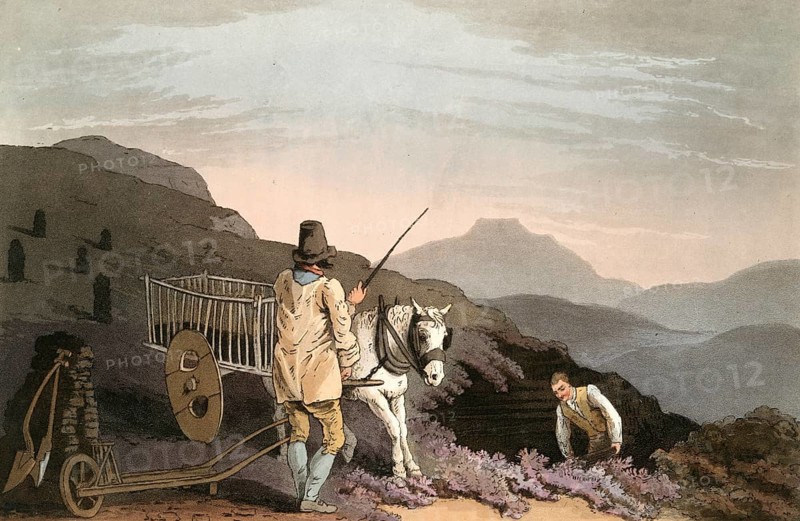 Scene from everyday life in England around 1810, peat cart with the peat cutters, historical, digitally restored reproduction from a 19th century original, date unknown