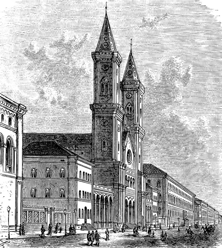 Ludwigskirche in Munich, St Ludwig, Ludwigstraße, double tower, 19th century, building, pedestrian, Bavaria, Germany, historical illustration 1880, Europe