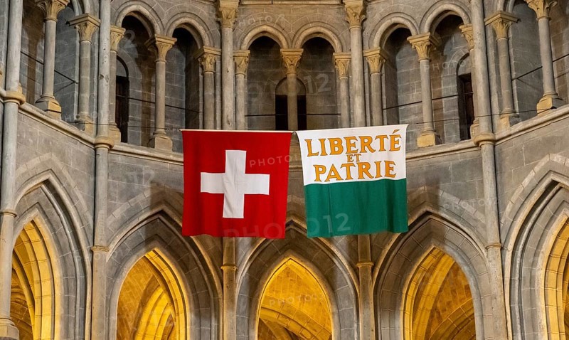 Liberté et Parite, Notre-Dame Cathedral, former episcopal church of the diocese of Lausanne, today the main reformed church of the city of Lausanne, Canton of Vaud, Switzerland, Europe
