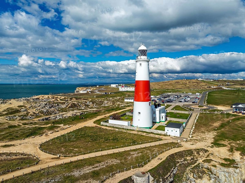 Portland Bill Lighthouse from a drone, Portland Bill, Isle of Portland, Dorset, England, United Kingdom, Europe