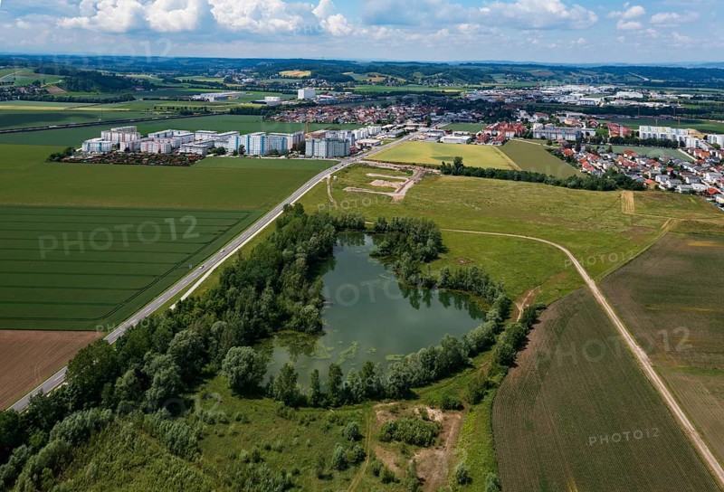 Drone image, shoring in grassland with pond, housing estate, high-rise housing estate, Asten, Linz Land district, Upper Austria, Austria, Europe