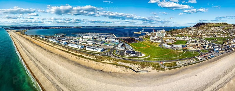 Panorama of Chesil Beach from a drone, West Bay to Portland, Jurassic Coast, Dorset, England, United Kingdom, Europe
