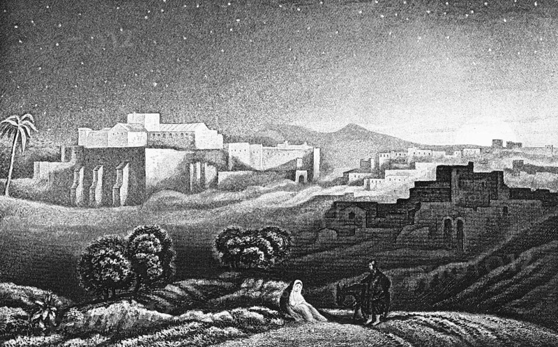Townscape of Bethlehem, fields, starry sky, birthplace of Jesus, Bible, historical illustration 1854