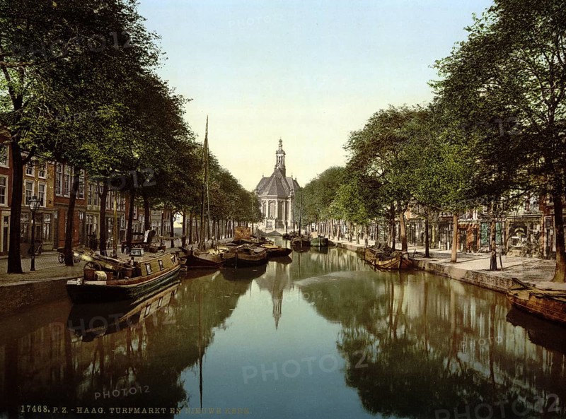 Peat market and new church, The Hague, Holland, ca 1895, Historical, digitally restored reproduction from a 19th century original, Record date not stated