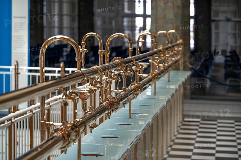 Historic medicinal water taps in the fountain hall, inaugurated in 1842, replaced by a new building in 1911, Bad Kissingen, Lower Franconia, Bavaria, Germany, Europe