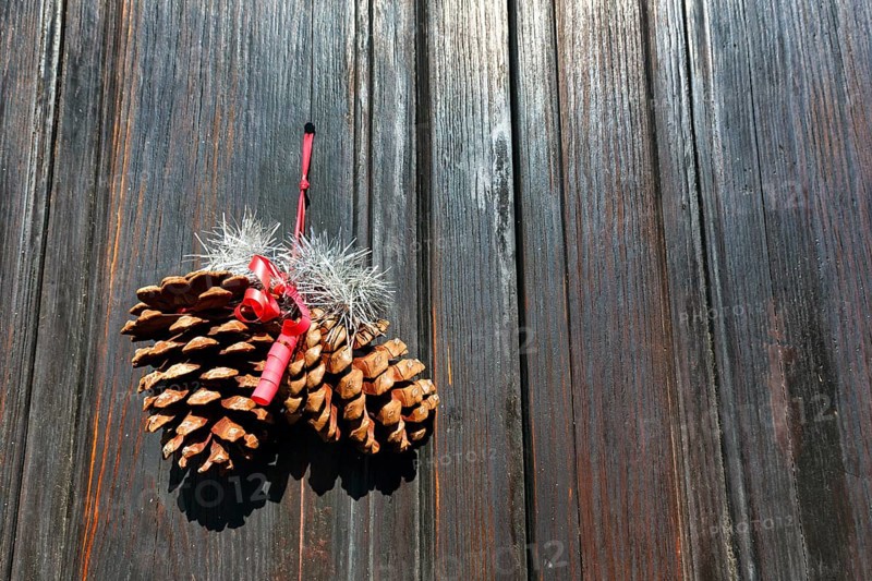 Pine cones, pine cones, minimalist Christmas decoration on a wooden door, narrow door, Haria, Lanzarote, Canary Islands, Spain, Europe