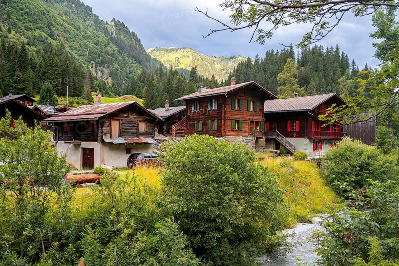 Traditional wooden houses in the mountain village of Fionnay, Val de Bagnes, Valais, Western Alps, Switzerland, Europe