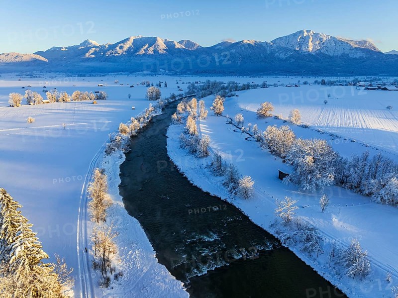 Aerial view of a river in front of mountains, evening light, snow, winter, Loisach, Alpine foothills, Upper Bavaria, Bavaria, Germany, Europe