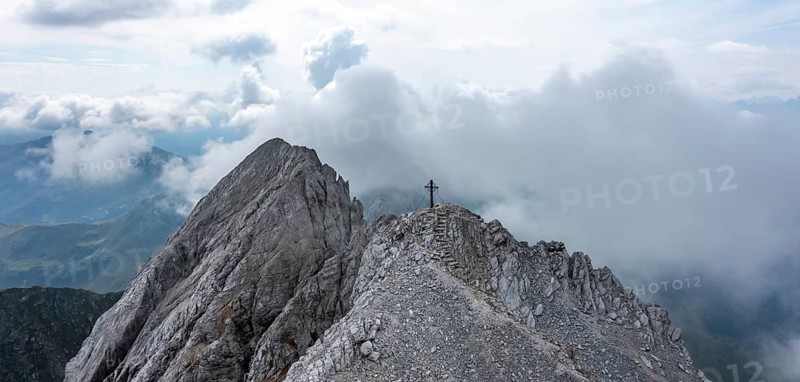 Aerial view, summit of the Großer Kinigat with summit cross, Carnic Main Ridge, Carnic High Trail, Carnic Alps, Carinthia, Austria, Europe