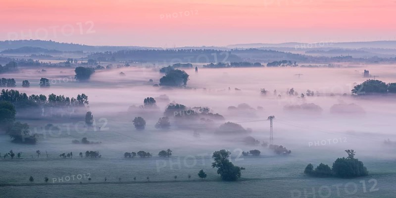 View from the Teufelsmauer (Devil's Wall) into the Harz foothills, landscape with trees and fields in fog and at dawn, Teufelsmauer nature reserve, near Blankenburg, Harz, Saxony-Anhalt, Germany, Europe