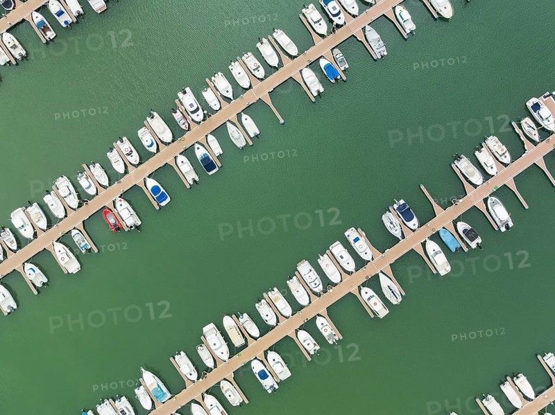 Marina wharves at the river mouth of the Piedras River. Aerial view. Drone shot. Huelva province, Andalusia, Spain, Europe