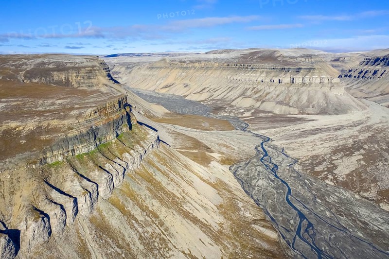 Aerial view over river delta at Skansbukta in the outer Billefjorden, Billefjord, southeast of Dickson Land, Svalbard, Spitsbergen, Norway, Europe