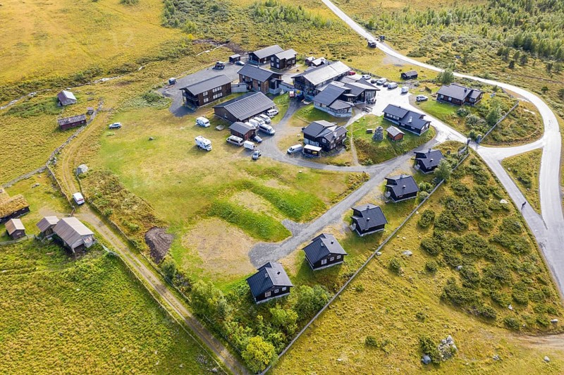Aerial view of tourist hotel Raubergstulen, Jotunheimen National park, Norway, Europe