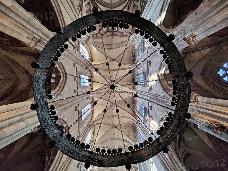 Interior view with view through the Gothic chandelier, Cathedral of St Stephen and St Sixtus, Halberstadt, Saxony-Anhalt, Germany, Europe