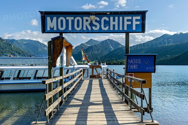 Mooring for motorboat, jetty, boat trip on the Schliersee, Markt Schliersee, mountains Brecherspitz or Spitzing and Schlierseespitz, Mangfall mountains, Bavarian Prealps, Upper Bavaria, Bavaria, Germany, Europe