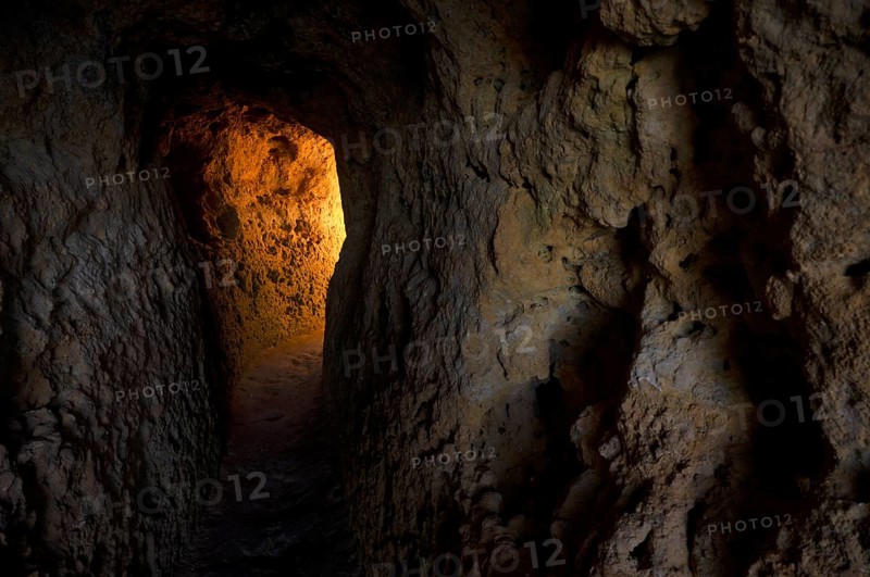 Light at the end of the tunnel, Algar Seco rock formation, coloured rocks and underground caves, caves, glow, glow, sun, shell limestone, Carvoeiro, Algarve, Portugal, Europe