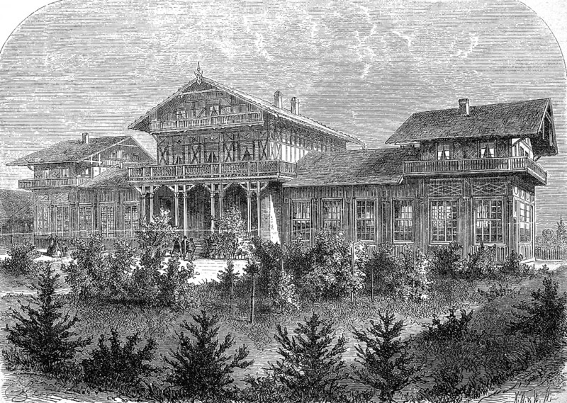 Laboratory, office and official residence of the Hüningen hatchery, Alsace, France, in 1885, Historical, digital reproduction of an original 19th century model, Europe