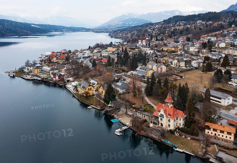 Drone shot, view of the town, Millstatt, Lake Millstatt, Carinthia, Austria, Europe