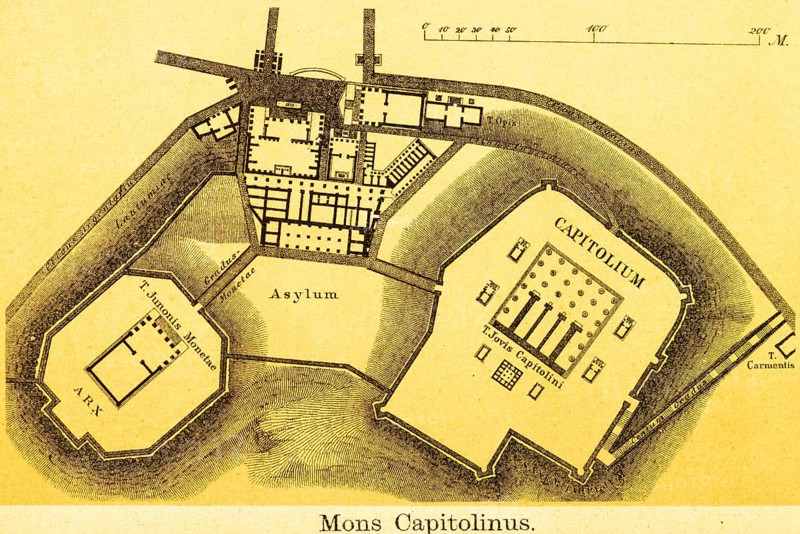 Floor plan of Mons Capitolinus, Capitoline Hill, Hill of the Capitol with scale, religious centre of power, Asylum, Capitolium, Temple of the Capitoline Triad deities, title, ancient Rome, Italy, coloured historical illustration from 1882, Europe