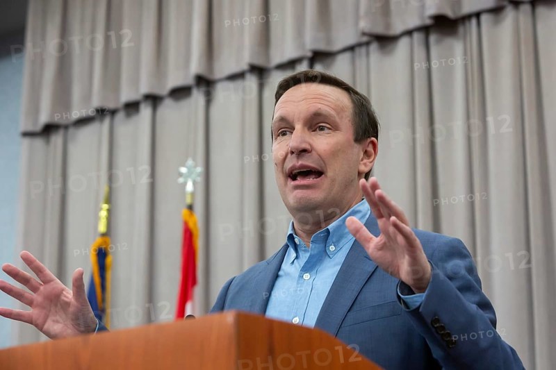 Warren, Michigan USA - 29 March 2025 - The Michigan Democratic Party hosted a 'People's Town Hall.' An overflow crowd at a UAW hall listened to Sen. Chris Murphy (D-Conn). Speakers targeted Representative John James, a Republican who represents the Macomb County district where the event was held, for refusing to meet with his constituents