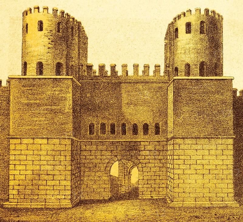 Porta Appia, city gate with defence towers, part of the city wall, battlements, defence, attack, military, ancient Rome, Italy, coloured historical illustration from 1882, Europe