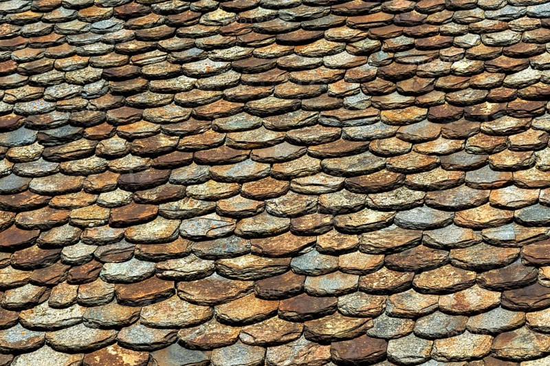 Traditional slate roof (lauze stone) in Auvergne volcanoes regional natural park, Puy de Dome department, Auvergne-Rhone-Alpes, France, Europe