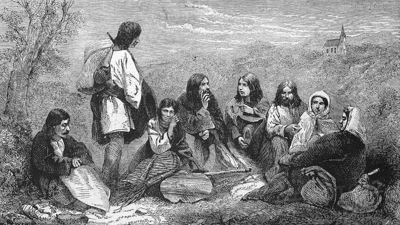 Peasant family in Bohemia in 1869, Historic, digitally restored reproduction of a 19th century original, exact original date unknown