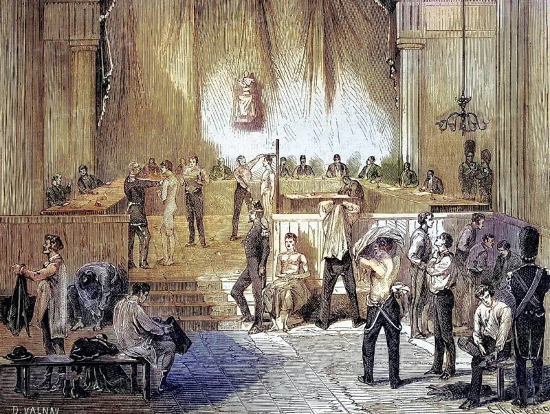 The Revision Council for the Mobile National Guard, Convocation and Examination of Soldiers, 1869, France, Historic, digitally restored reproduction of an original 19th century document, exact original date unknown, Europe