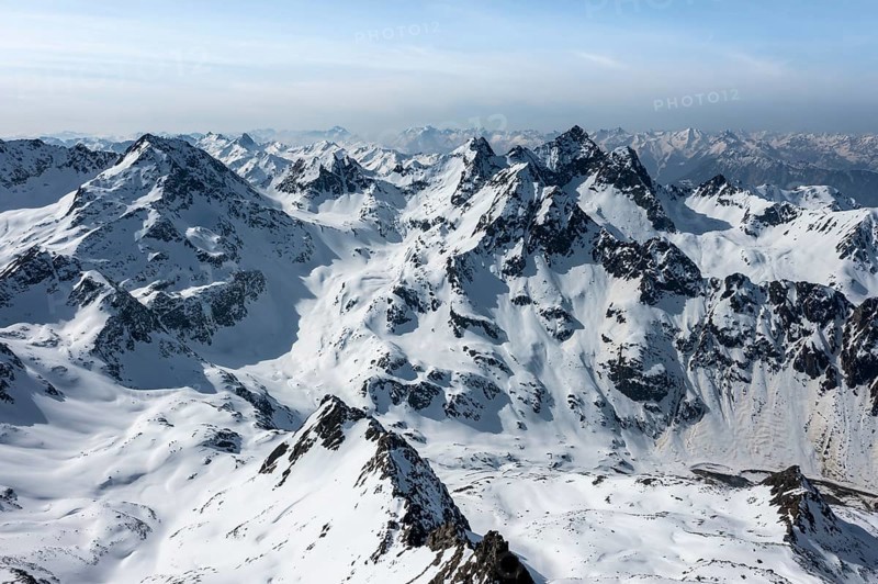 Aerial view, mountains in winter, Sellraintal, Kühtai, Tyrol, Austria, Europe