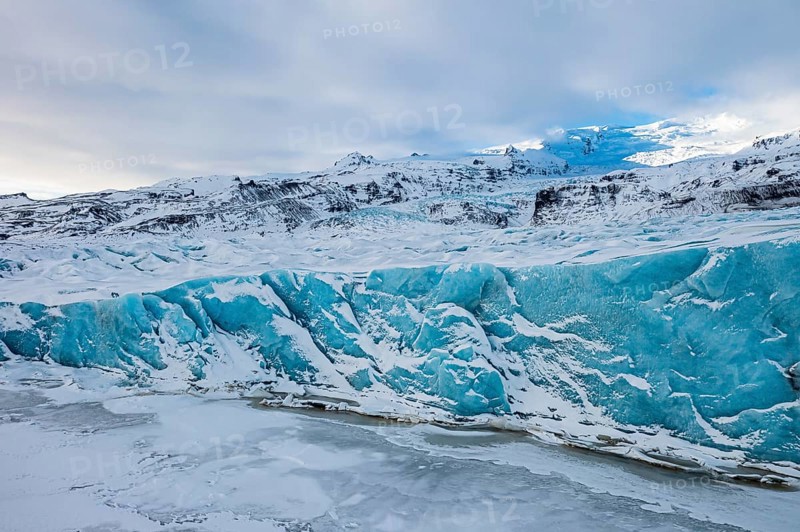 Glacier break in the Fjallsarlon glacier lagoon, drone image, Sudurland, Iceland, Europe