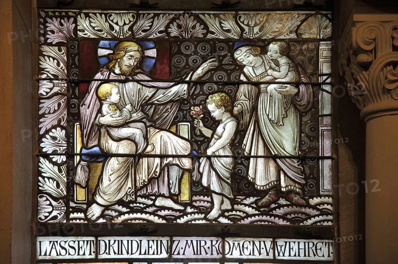 Church window with Christ and children in the Church of the Redeemer, arts and crafts, stained glass, interior view, saying, let the little children come to me, blessing, blessing, Taunus, Hesse, Germany, Europe