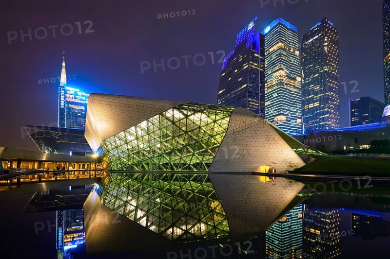 GUANGZHOU, CHINA, APRIL 27, 2018: Guangzhou Opera House designed by famous Iraqi architect architect Zaha Hadid illluminated at night
