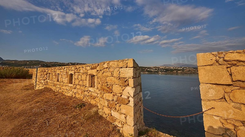 Fortezza, Venetian sea fortress, fortress wall, gap in wall, sea, cordon, blue sky, few grey-white clouds, Rethimnon, central Crete, island of Crete, Greece, Europe