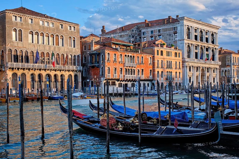 Grand Canal with boats and gondolas on sunset, Venice, Italy, Europe