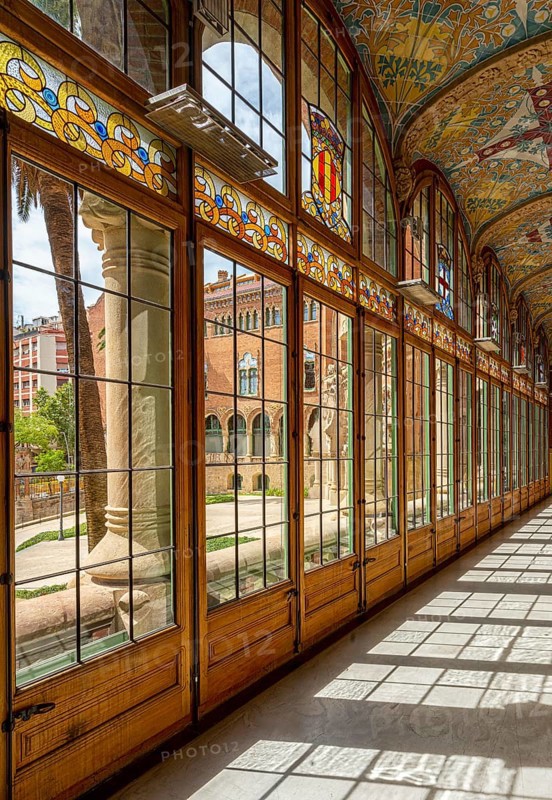 Interior view of the hall and corridors in the main building in the Hospital de la Santa Creu i Sant Pau by architect Lluís Domènech i Montaner, Barcelona, Catalonia