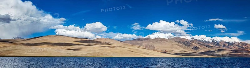 Panorama of Himalayan lake Tso Moriri (official name) (Tsomoriri Wetland Conservation Reserve) in Himalayas, Korzok, Changthang area, Ladakh, Jammu and Kashmir, India, Asia