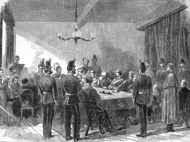 Interrogation of the prisoner Fenian, a member of the Irish Republican Brotherhood, at the Dublin police station, 1868, Ireland, Historic, digitally restored reproduction of an original 19th century master, exact original date unknown, Europe