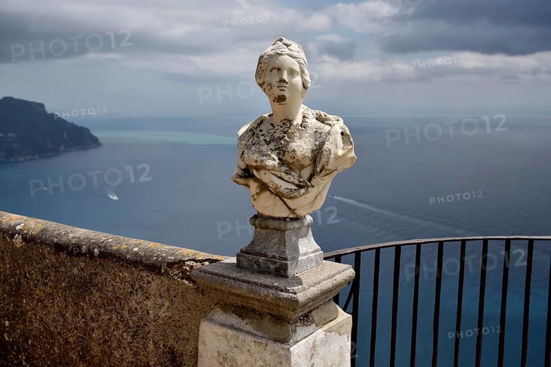 Marble bust at Terrazza dell'Infinito of Villa Cimbrone, Ravello, Amalfi Coast, Costiera Amalfitana, Province of Salerno, Campania, Italy, Europe