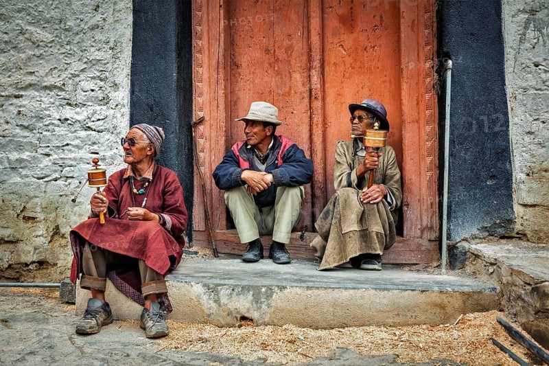 LAMAYURU, INDIA, SEPTEMBER 10, 2011: Tibetan Buddhists in Lamayuru gompa (monastery), Ladakh, India, Asia