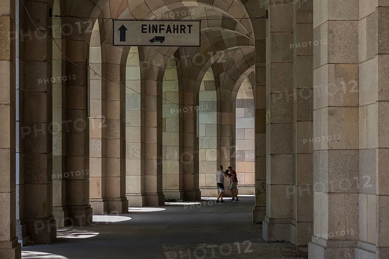 Two men boxing in the arcade of the Congress Hall, unfinished National Socialist monumental building on the Nazi Party Rally Grounds, Nuremberg, Middle Franconia, Bavaria, Germany, Europe