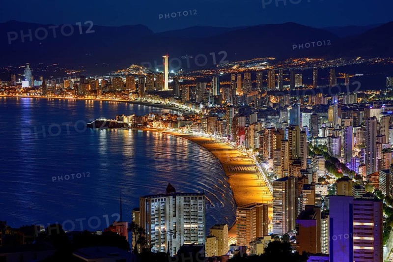 View over Benidorm and the Playa Levante, blue hour, Benidorm, Costa Blanca, Valencia country, Spain, Europe
