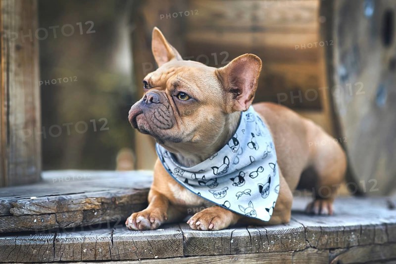 French Bulldog dog with blue neckerchief lying down between wooden industrial cable drums