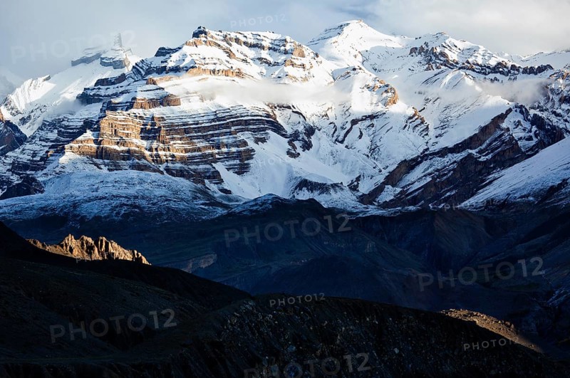 Himalayas snowcapped summit mountains in snow. Near Dhankar, Spiti Valley, Himachal Pradesh, India, Asia