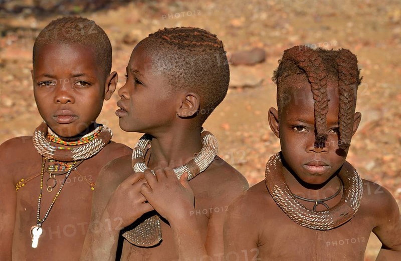 Three Himba girls, portrait, Okongwati, Kaokoland, Kunene, Namibia, Africa