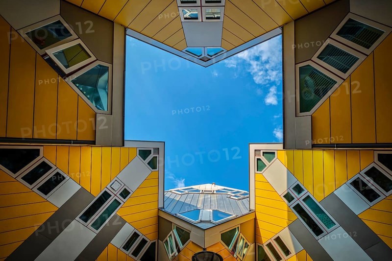 ROTTERDAM, NETHERLANDS, MAY 11, 2017: Cube houses, innovative cube-shaped houses designed by architect Piet Blom with idea to optimize space in Rotterdam, Netherlands now became a tourist attraction