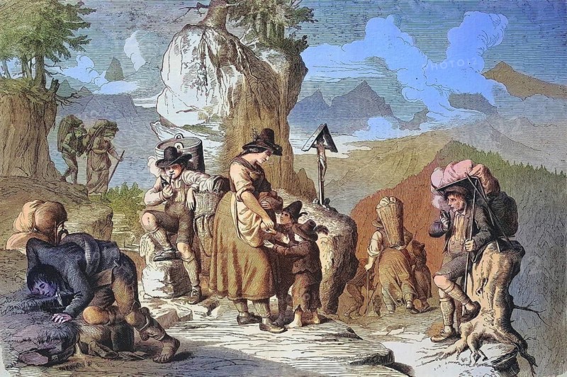 Goods carriers taking a break, on the way on an alpine pass in Tyrol in 1869, Austria, Historic, digitally restored reproduction of a 19th century original, exact original date not known, Europe