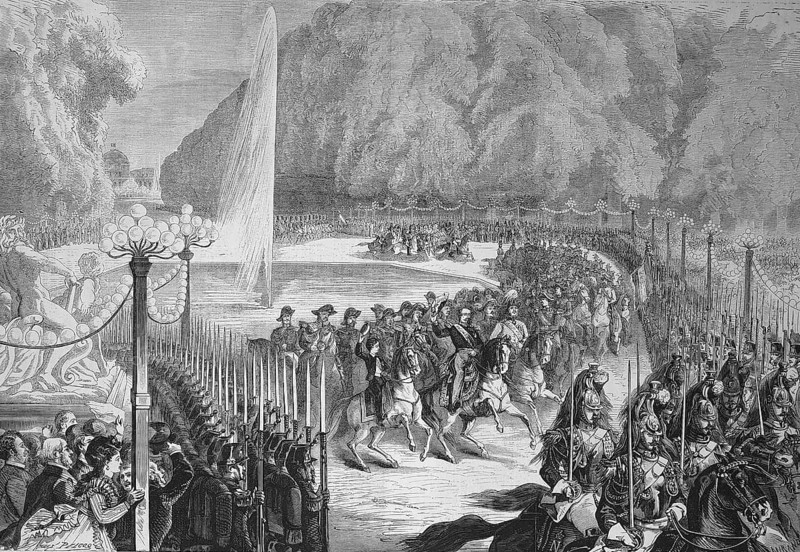 Grand Revue on 14 August, the Emperor, followed by his General Staff, crossing the Tuileries Garden, 1869, Paris, France, Historic, digitally restored reproduction of a 19th century original, Europe