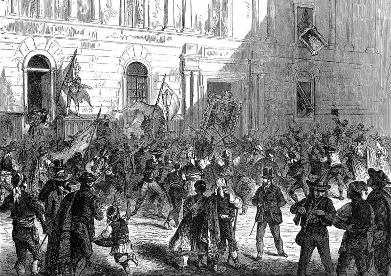 Popular demonstration in front of the Ministry of Public Works, Madrid, 1869, Spain, Historic, digitally restored reproduction of an original 19th century artwork, exact original date unknown, Europe