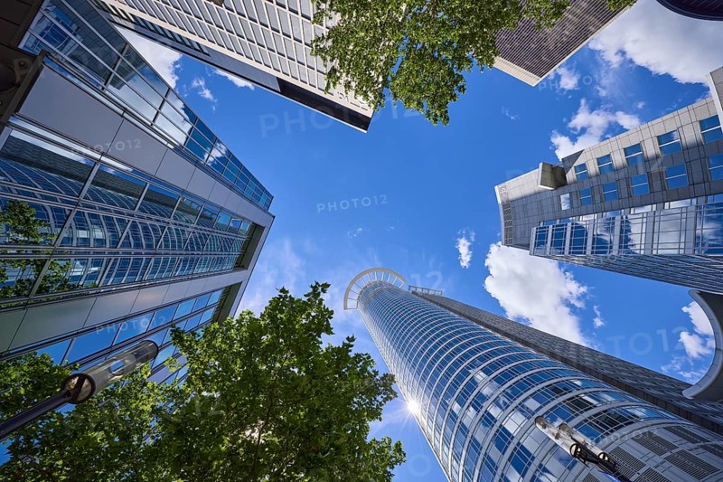 Kronenhochaus, Westend 1, headquarters of DZ Bank and other high-rise buildings from the frog's perspective in Frankfurt am Main, Hesse, Germany, Europe