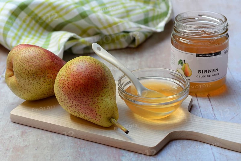 Pear jelly in peel and jar, pears